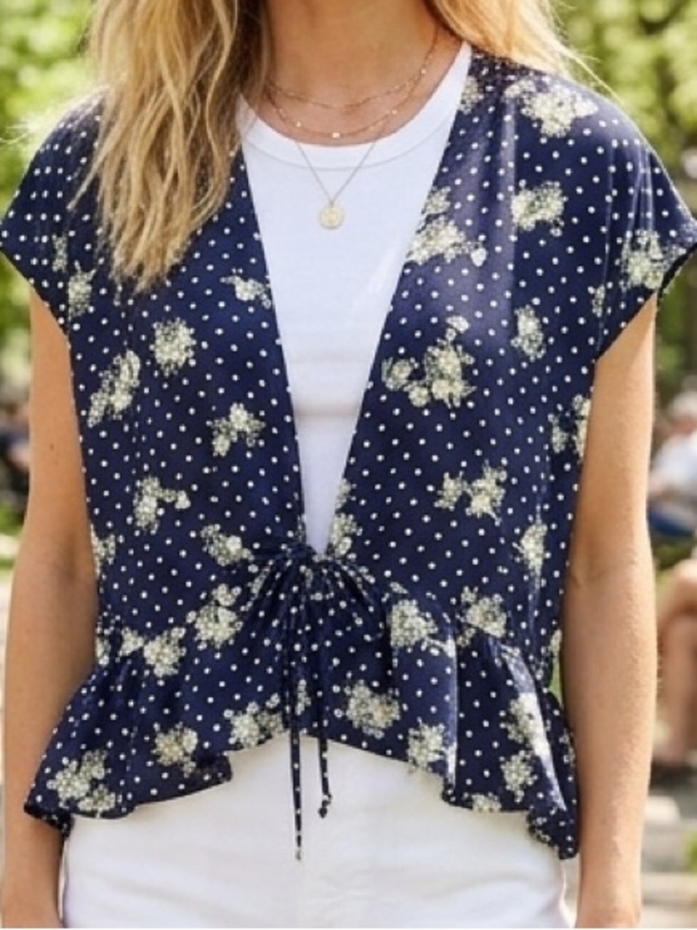 NEW Ces Femme Navy and White Floral Polka Dot Drawstring Top